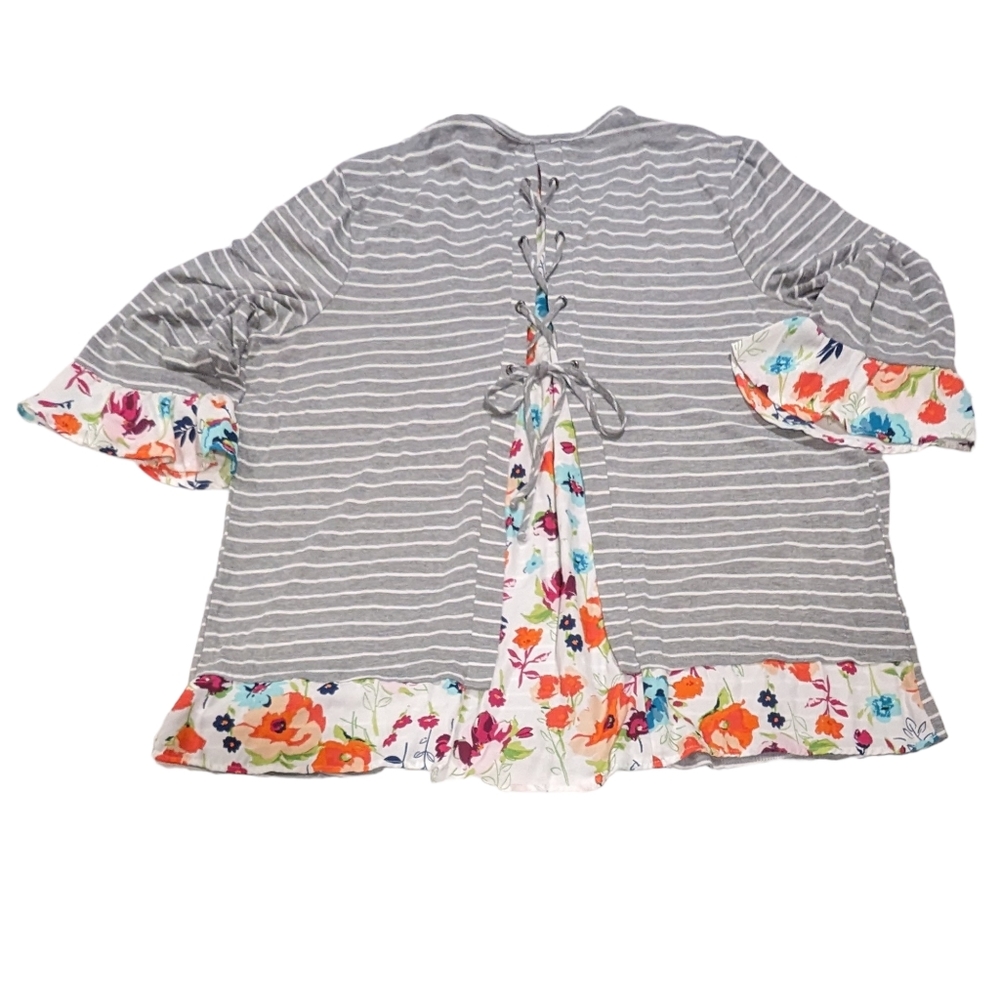 Terra & Sky 3X Knit Top Floral and Stripes - Picture 2 of 5